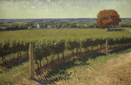(impressionism:1.1), (Vincent Di Fate:1.2), copse ,vineyard ,hedgerow, a painting,scenery,scene painting,