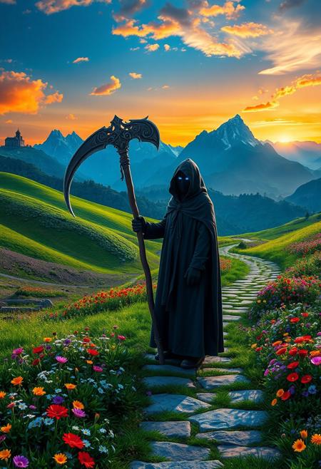 (masterpiece), best quality, expressive eyes, perfect face, vibrant color,
A cloaked figure with glowing blue eyes stands in a vibrant valley filled with colorful flowers. The figure holds a large, ornate scythe and is positioned along a winding stone path that stretches through lush green fields. In the background, majestic mountains rise against a stunning sunrise, illuminating the sky with warm hues. An ancient building can be seen on a distant hill, adding a mystical atmosphere to the serene landscape.