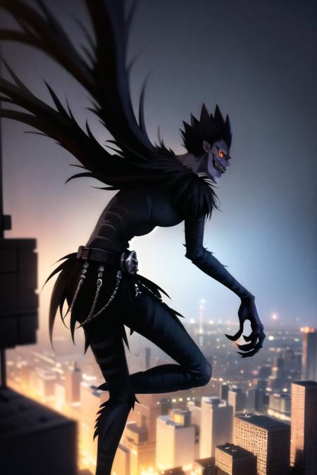 <lora:ryuk_v0.1:1> ryuk, profile, silhouette, dark, shade, shadow,  holding_apple, cityscape, city lights, night, wings,, masterpiece, best quality, highly detailed