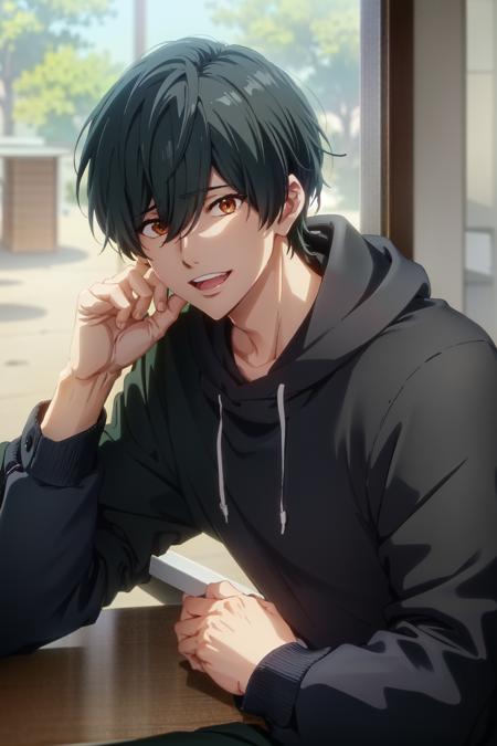 kirishima ikuya\(free!\), solo, 1boy, hair between eyes, looking at viewer, black hair, brown eyes, green hair, male focus, purple hoodie