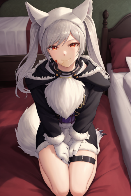 (masterpiece, best quality:1.2), fvrobin fe, gloves, closed mouth, tail, food, hood, fur trim, thigh strap, fake animal ears, eating, wolf tail, animal hands, paw gloves, paw shoes, indoors, bed, bedroom, seiza, from above, looking at viewer, smile, hands on own lap