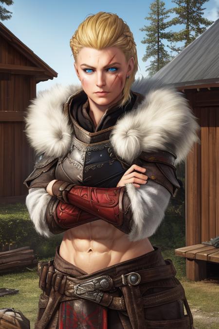 Eivor, scar on face,blonde hair,blue eyes, short hair,  standing, crossed arms,  upper body, 
EivGear,armor ,armor, abs, fur trim,jewelry,boots, pants, hood down, 
Nordic room,  wooden house, cold weather,  realistic, 
(insanely detailed, beautiful detailed face, masterpiece, beautiful detailed eyes, best quality)   <lora:Eivor-10:0.7>