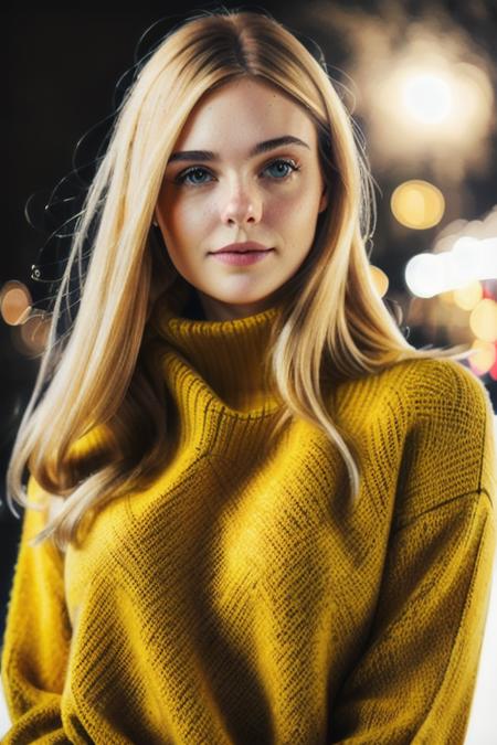 a naturally beautiful woman, in a yellow turtleneck sweater, perfect winter night, [candid:0.5, amateur:0.5], 8K, RAW, UHD, perfect face, stunning clear eyes, [perfect smile], (((close up))) <lora:ellieFanning:1>