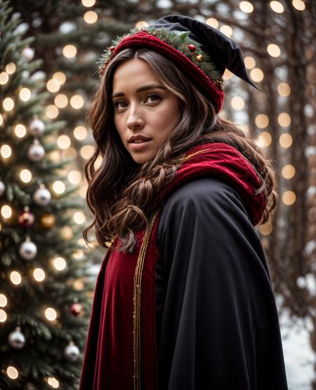 cinematic photo , <lora:quiron_Chritsmas_v1_lora:0.77> ChristmasQuiron style, Christmas, Christmas tree, Christmas decorations,  Christmas style, Christmas spirit, best quality, ultra detailed, 8k, mysterious, (Olivia Munn) as  Hermione Granger (Harry Potter): Hermione's Gryffindor robes, bushy brown hair, and wand make her a popular choice among Harry Potter fans and cosplayers., . 35mm photograph, film, bokeh, professional, 4k, highly detailed
