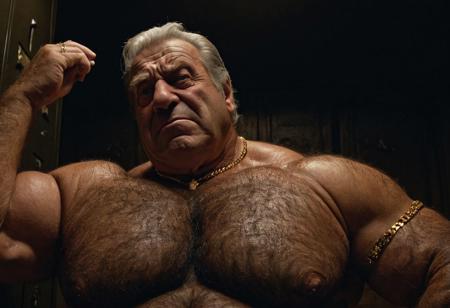 (photo, realistic, raw), (nighttime, at night, dark, dark hard shadows, cinematic atmosphere, movie grain, hazey atmosphere), closeup from below, ( dumb brute, etherial, spiritual, emperor, king, god), old burly buff gentleman, old manly mature man, combed back hair,  doublechin, old hairy tanned grandpa, wrinkly neck, hairy chest, proud big hairy chest, thick neck, hairy armpits, tanned skin, tight golden spandex, gold jewellery, gold necklace, in a dark locker room at night, nighttime, arrogant disgusted disappointed smile, intimite situation, romantic atmosphere, stern, serious, angry, sad expression,