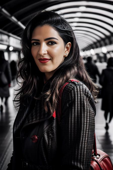 a (vintage black and white photograph:1.2) of beautiful (D4rcy:1.1) woman,as a secret agent during WWII,wearing a long (tweed trench coat:1.2),(bright red lipstick:1.4),carrying an attache case,with long hair,standing on railway platform at (Paddington Station in London:1.2),as a passenger train arrives,with busy crowds walking by,victorian architecture,dramatic pose,(looking at viewer),black and white photograph,detailed eyes,absurdres,face focus,extremely intricate,dramatic,elegant,b&w,film grain,faded,PA7_Portrait-MCU,<lora:D4rcy_02A-000004:1.1>,