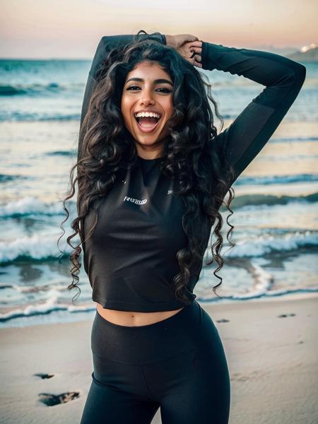 avantika, laughing, cute, photograph, ((upper body focus)), brown eyes, absurdres, masterpiece,dynamic pose, teeth, (yoga clothes) facing viewer, on a beach, happy, long hair,  looking at viewer, blurry background, curly hair, shallow depth of field