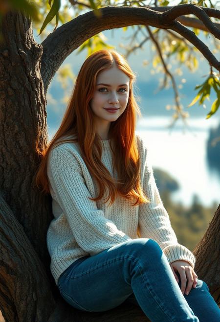 A surreal and hyper-realistic scene featuring a classical beauty with beautiful ginger hair, wearing blue jeans and a white jumper. The intricate details of her attire are highlighted, set against a dreamy, ethereal lake background. The scene is illuminated with soft, magical lighting, enhancing the otherworldly and enchanting atmosphere, sitting in a tree overlooking the forest and lake. It is sunny.
surreal, hyper-realistic, classical beauty, blue jeans, white cozy jumper, beautiful (dark brown) eyes, pale white skin, pale skin, freckles, intricate details, dreamy background, ethereal, warm magical lighting, warm lighting, enchanting, visually stunning, high quality, detailed, sharp clarity, breathtaking, elegant, graceful, relaxed, small gentle smile, cute, redhead, sexy, 
looking at viewer, long hair, pretty girl, small medium breasts, beautiful girl,