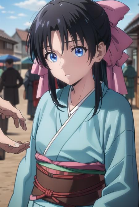 kaorukamiya, <lora:kaorukamiyatest:1>, kaoru kamiya, blue eyes, black hair, pink bow, bow, hair bow,
BREAK japanese clothes, kimono, sash, obi,
BREAK looking at viewer,
BREAK outdoors,
BREAK <lora:GoodHands-vanilla:1>, (masterpiece:1.2), best quality, high resolution, unity 8k wallpaper, (illustration:0.8), (beautiful detailed eyes:1.6), extremely detailed face, perfect lighting, extremely detailed CG, (perfect hands, perfect anatomy),