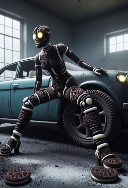 masterpiece, surrealism, liminal space, female,crash test dummy made of creamy cookies, ina classic car that has crashed, volumetric lighting through dusty window, mechanical and organic fusion background), dramatic Dutch angle, action pose, matte black, electric lime, steel blue, deep shadows, focused subject, soft atmosphere, 8K, absurdres, high detail, melancholy mood, cinematic depth of field, inspired by Ashley Wood