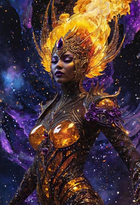 Mesmerizing Alien Queen, 
Grey Strass, 
Black chrome obsidian, 
Purple amber, 
Vivid, 
Extremely beautiful and Delicate, 
Karol Bak Art, 
Ciro Marcetti Art, 
Art by Kyrielle, 
Luis Royo influence, 
Dona Gelsinger's traits, 
vivid colors, 
Zodiac lace, 
light rays, 
Dynamic Posture, 
amazingly fluid, 
detailed, 
3d fractals, 
light particles, 
fire water fusion, 
surreal, 
alcohol ink, 
smooth, 
shimmering, 
dreamy glow, 
conceptual art, 
City Mirage Art, 
vivid tonalities, 
hot and deep colors, 
Gustav Klimt touch, 
double exposure effect, 
Moving Textures, 
Watercolor, 
trending on artstation, 
sharp focus, 
studio photo, 
intricate details, 
highly detailed, 
by greg rutkowski
