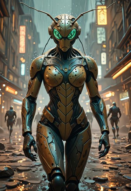 masterpiece, best quality, HDR, absurdres, cinematic, shot, action scene, dynamic, humanoid, hybrid female ant, face mask, compound eyes, muscle bulk, millitary robot, bionic, ceramic body armor, gritty, pitted metal, (cyberpunk setting:0.7), rain, nighttime, three quarter shot, (angled shot, strong backlight, sharp shadows:1.15)