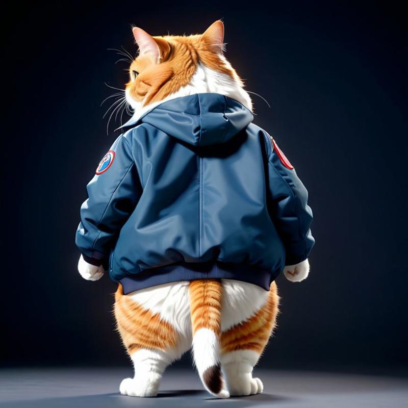 A fat orange and white cat wearing a blue hoodie.