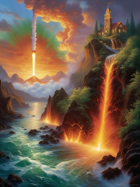 <lora:SS02ImpressionisticPainting_Hap_XL:1>, Thomas Kinkade style, Type of image Surreal Imagen. Description: Our target audience consists of progressive individuals who support environmental and social projects, with a particular focus on global warming. They are interested in finding solutions for global warming and advocate for improvements in environmental conditions.nThe NFT should depict global warming, showing Earth burning like a candle and resembling a thermometer indicating high temperatures. Volcanic lava is flowing downward from the melting point of the candle.nColor patterns for the design nnGreen and Brown nGreen