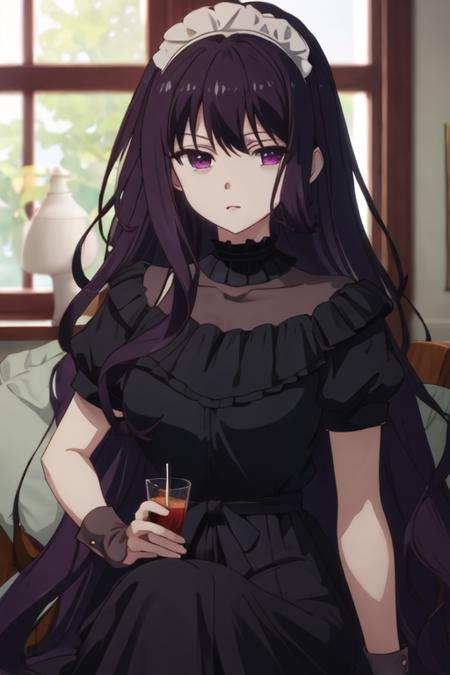 best quality, masterpiece, highres, solo, {maid:1.40}, {long maid dress:1.15}, {tilty_claret_tenseioujototensaireijounomahoukakumei:1.15}, long_hair, bangs, purple_hair, purple_eyes, black_hair, blurry