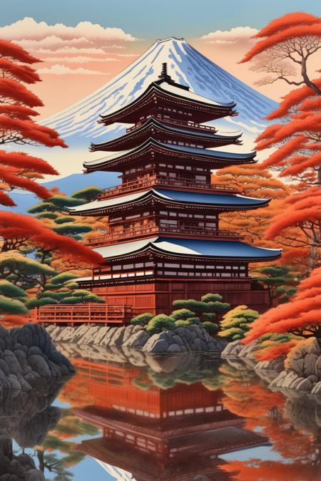 <lora:Hasui Kawase Style:1>Hasui Kawase Style - in the style of Kawase Hasui, witness the mesmerizing beauty of autumn unfolding in Kyoto. The grand silhouette of Mount Fuji stands proudly against the clear azure sky, a timeless backdrop to the scene. The historic Kiyomizu-dera Temple, nestled amongst the vibrant hues of the autumnal foliage, evokes a sense of tranquility and harmony. A cascade of red, orange, and golden leaves from the ancient maple trees surrounding the temple adds a captivating warmth to the landscape. The winding pathways through the temple grounds, now covered with a carpet of fallen leaves, lead to a gently glowing stone lantern, its soft light mirrored in the calm waters of a nearby pond. This landscape embodies the very essence of autumn, its rich, warm colors captured exquisitely through Hasui's delicate watercolor technique. As the sun sets, the scene is bathed in a soft, golden glow, beautifully juxtaposing the quiet charm of Kyoto in autumn with the timeless majesty of Mount Fuji,32K