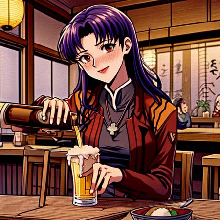 <lora:LCM_LoRA_Weights_SD15:1>,masterpiece,best quality,highly detailed,1girl,solo,
<lora:KatsuragiMisato:1>,katsuragi misato,(((neon genesis evangelion))),brown eyes,black dress,cross necklace,high collar dress,red jacket,
BREAK
<lora:drunkIzakaya:0.6>,(((beer, bar (place), izakaya, pouring beer into drinking glass, pouring))),