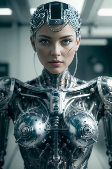 masterpiece, photo realistic, best quality, a raw photo of a steel cyborg girl, Classic headshot posebiomechanical, mshn robot, hyper realistic, intricate design, (insanely detailed:1.4), (extremely fine details:1.35), Extremely sharp lines, cinematic lighting, Photorealistic, a detailed masterpiece by Ralph McQuarrie,Agnes Cecile <lora:mshn:0.7>