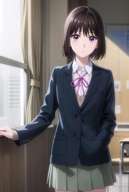 ichikaarima, <lora:ichika arima s1-lora-nochekaiser:1>,
ichika arima, short hair, brown hair, (pink eyes:1.3),
BREAK skirt, shirt, long sleeves, ribbon, school uniform, jacket, white shirt, pleated skirt, socks, collared shirt, red ribbon, kneehighs, neck ribbon, blazer, green skirt, black socks,
BREAK indoors, classroom,
BREAK looking at viewer, (cowboy shot:1.5),
BREAK <lyco:GoodHands-beta2:1>, (masterpiece:1.2), best quality, high resolution, unity 8k wallpaper, (illustration:0.8), (beautiful detailed eyes:1.6), extremely detailed face, perfect lighting, extremely detailed CG, (perfect hands, perfect anatomy),