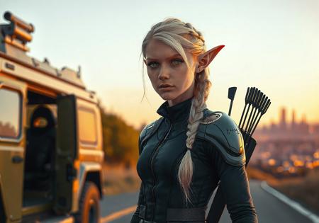 The image is intended to be photorealistic. The face, and especially the eyes, are highly detailed. In the background, we see a sunset that bathes the scenery in warm orange and tinges the sky with a light purple. In the image, we see a blonde elf in a slightly off-center position. She is young, pretty, and has long ears. She is almost 2 meters tall, very slim, and has an athletic build. Her blonde hair reaches to her hips and is braided into a single, thick braid. Her eyes are bright green. Her facial expression is serious.

She wears a futuristic, tight-fitting uniform made of very thin dark blue fabric with a zipper down the front and visible protectors on the shoulders, elbows, and hips. Around her waist, she wears a wide black belt with several pockets. On her back is a black quiver with long black arrows protruding from it, and a futuristic longbow. The longbow's string runs along her torso, between her breasts. In the blurred background, she just exited an olive-green armored vehicle. She's standing on a clean road at the edge of a forest. Far away in the valley, a bright, futuristic city skyline can be seen.