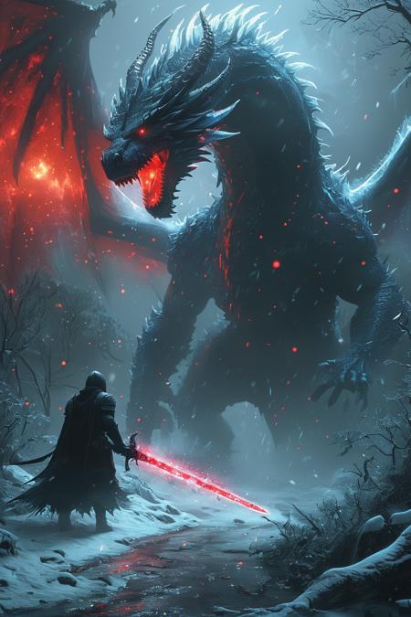 evil frozen dragon, realistic, In a cyberpunk-inspired realm, Theme: Futuristic, cyberpunk-inspired The Moon: A figure, walking through a dark, foggy forest, is haunted by ghostly apparitions. The background is the silhouette of a dragon emerges from the darkness, its form composed of the same vibrant energy. The entire scene is bathed in a contrast of deep blacks and brilliant frozen dragon, creating a dynamic and visually striking composition. Particles of light scatter through the air, adding to the mystical atmosphere. This digital illustration blends elements of anime artistry with futuristic aesthetics, resulting in a captivating image that radiates energy and intensity, snowing, ready for battle, holding sword, bright thunder, red fireflies lightning <lora:CyberRealistic_Negative-neg:1> <lora:patty_cake:1> <lora:detailed_notrigger:1>  <lora:XL_boss_battle:1>