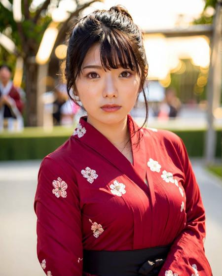 best quality, photorealistic, 8k, high res, 1girl, woman, (professional lighting), (portrait:0.6), (red kimono dress:1.72), gorgeous, black hair, (short hair:1.2), (1girl eyes looking at viewer:1.4), ((looking at viewer:1.6)), (looking at the camera), photorealistic, (bokeh), (portait:0.6), (dynamic pose:1.2), sfw, <lora:grav-kana:0.81>