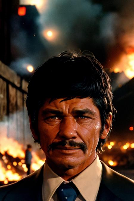 <lora:CharlesBronson>, RAW photo, portrait of a violent vigilante smoking, wearing a suit, symmetrical hazel eyes, at midnight, darkness, burning city slum in background, 1970s