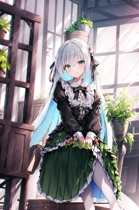 1girl, solo, long hair, white pantyhose, green eyes, sitting, plant, pantyhose, skirt, long sleeves, bow, white shirt, shirt, looking at viewer, hair bow, frills, closed mouth, indoors, blush, bangs, window, chair, no shoes, hair between eyes, center frills, frilled skirt, white hair, very long hair, smile, cage, ribbon, green skirt, hair ribbon, green bow, black skirt, lace-trimmed skirt, puffy sleeves, birdcage, white bow, full body, puffy long sleeves, potted plant, day, (masterpiece,best quality)