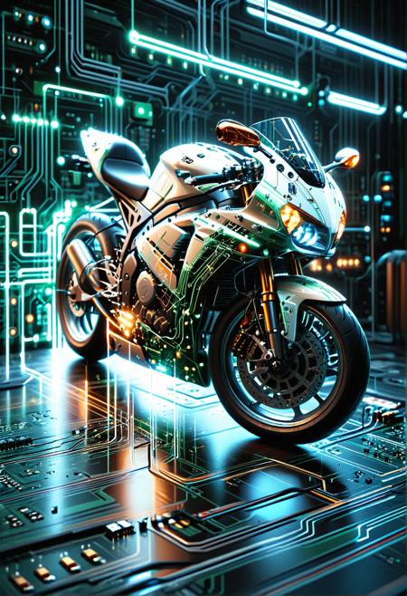 score_9, score_8_up, score_7_up, ultra HD, high quality, amazing quality, high detail, amazing detail, masterpiece, Cinematic Lighting, Volumetric Lighting, Post Processing, photorealistic. 
motorbike made from TzigoCBS circuits. 
BREAK. futuristic background