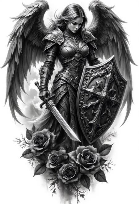 Pencil drawing, black and white, pencil strokes, 
A black and white pencil sketch style, line art drawing dark, A black and white pencil sketch style,  
 Monochrome, a tattoo design with a winged angel holding a sword, she is the queen of black roses, It covers itself with its wings, wings are folded, render, beautiful depiction, huge oversized sword, bowed his head, dark ominous mood, angel in plastic armor, intricately proportional, fantasy shield, very very very beautiful art, broken roses , Digital Artwork