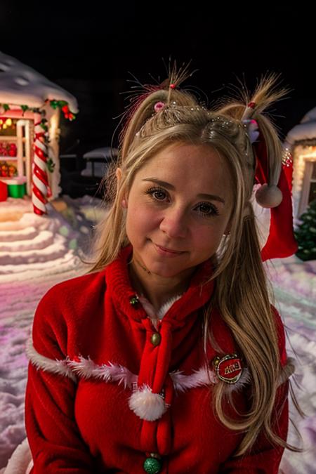 mrs santa claus, santas grotto, north pole, elves, snowmen, candy canes, snow, icicles,  <lora:Sarah_Jane_Honeywell:1> masterpiece, best quality, detailed face, 1girl, solo, a young sj1873h, blonde_hair Pig Tail