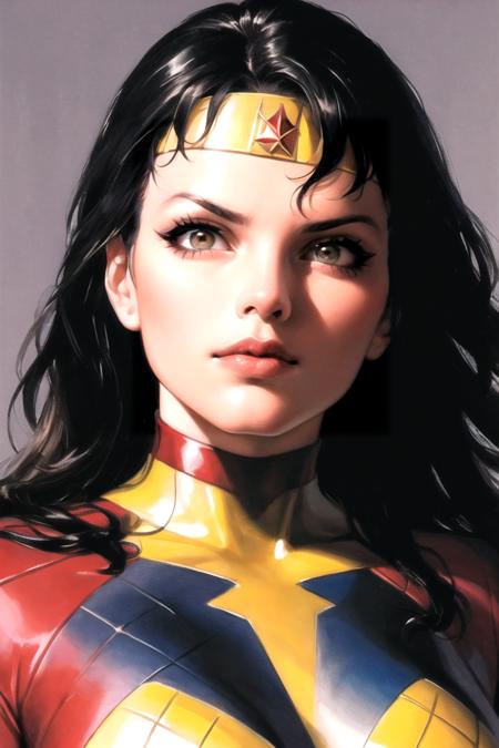 masterpiece, best quality, high quality, highres,
ARTSTYLE_AlexRoss_ComicArt_ownwaifu, www.ownwaifu.com, 
solo, long hair, black hair, breasts,  lips, makeup, bodysuit,  lipstick, 
retro artstyle,simple background, realistic, superhero,
<lora:ARTSTYLE_AlexRoss_ComicArt_ownwaifu-15:0.7> , ((eye_focus)),forehead, straight-on, looking_at_viewer, solo,closed mouth,simple_background,lips, focused,