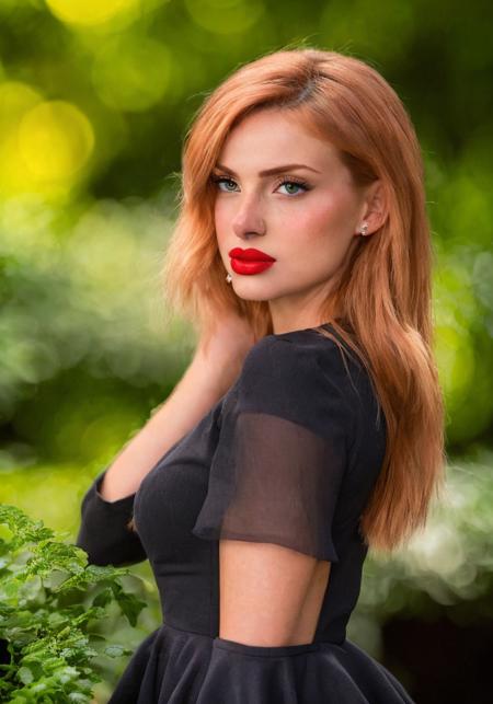 (sharp focus:1.2), photo, attractive young woman, (beautiful face:1.1), detailed eyes, luscious lips, (bold red lip colour:0.85), (medium breasts:1.0), (slim body:1.2), wearing (peplum dress:1.2) in a (botanical garden:1.2). (moody lighting:1.2), depth of field, bokeh, 4K, HDR. by (James C. Christensen:1.2|Jeremy Lipking:1.1).