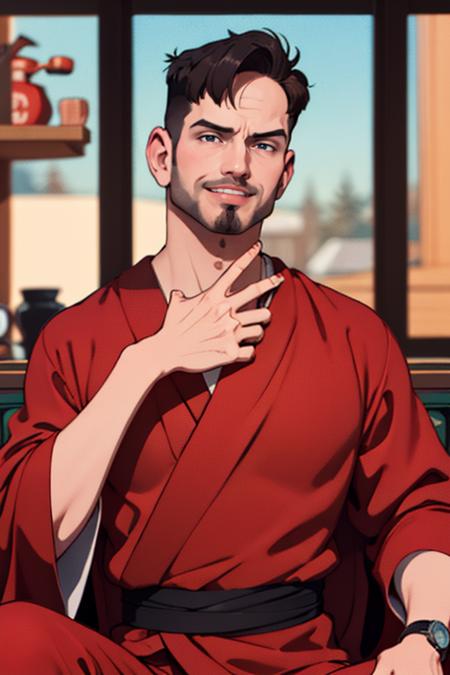 Deanmccoppin,  1guy,  red robe,  facial  hair , (best quality:1.2),  smirk,  masterpiece,  highness,  perfect face,  perfect picture,  detailed eyes,  sharp focus,  sitting,  at home,  relaxing, <lora:EMS-50964-EMS:1.000000>