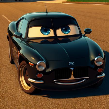 cartoon, car, black car, toyota, detailed, cg, detailed eyes and mouth, 3d rendering, pixar, blue eyes, looking at viewer, hq rendering <lora:pixarcars:1>,