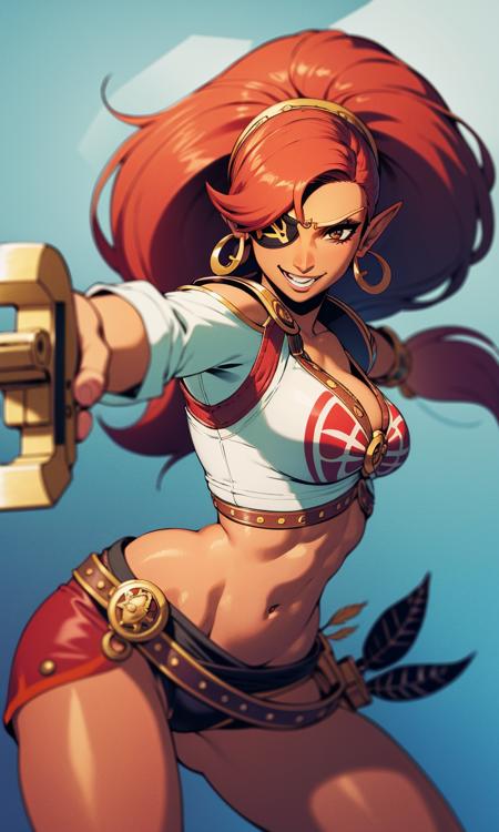 urbosa wearing a pirate  costume, leather bustier, white shirt, pirate hat with feather, action pose, flintlock pistol, eyepatch,  <lora:urbosa-4-merge:0.9> art by null