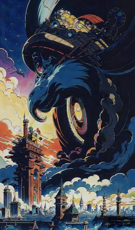 howls moving castle, koowlong, feudal, (masterpiece:1.21), giant enormous all encompassing eye watching down on the city, looking down, (best quality:1.21),(high-detial:1.21),(realistic:1.21), Industrial age city, deep perspective, maximalist, unprecedented level of detail and curious miniscule story elements, busy