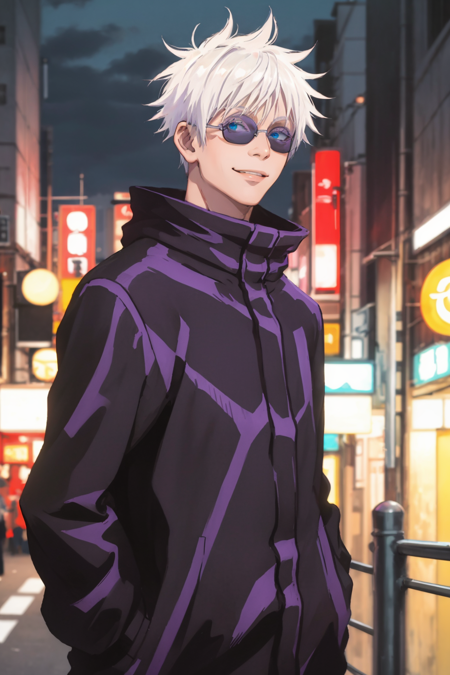 masterpiece, best quality, 1boy, gojou satoru, white hair, short hair, sunglasses, blue eyes, smile, black jacket, high collar, upper body, solo, looking at viewer, outdoors, night,  night light, tokyo street background <lora:Gojo:1>