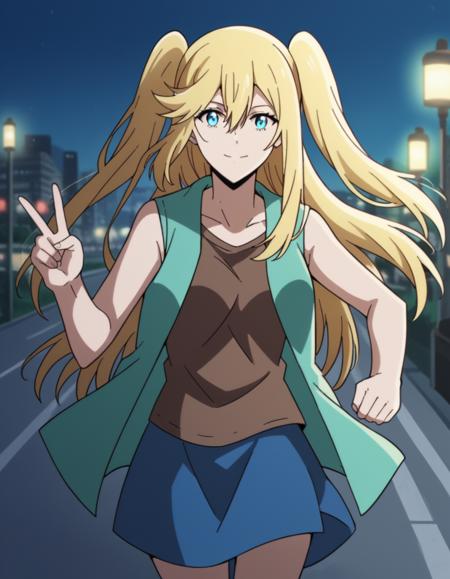 connie christensen, long hair, blue eyes, blonde hair, twintails, two side up, hair between eyes, sidelocks, medium breasts, shirt, brown shirt, jacket, green jacket, sleeveless, skirt, blue skirt