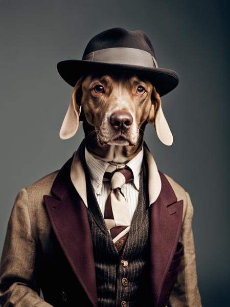 fashion photography of a dog with 30s gangster outfit,  <lora:William_Wegman:0.75>