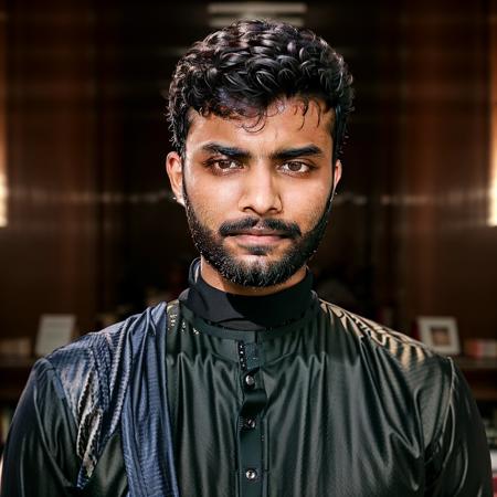 A stunning intricate full color portrait of (SheeroA man:1), Pakistani, brown skin, 
wearing a black turtleneck,
epic character composition, perfect eyes,
by ilya kuvshinov, alessio albi, nina masic,
sharp focus, natural lighting, subsurface scattering, f2, 35mm, film grain <lora:SheeroAv3:1.2>