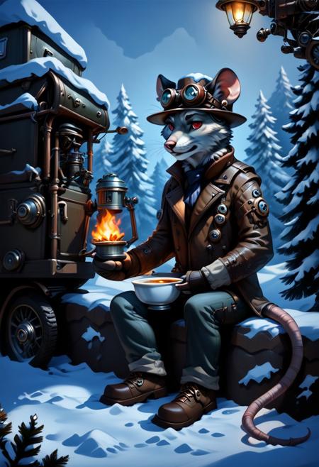 score_9, score_8_up, score_7_up, source_furry, rating_safe, realistic, detailed fur, realistic fur, body fur, anthro BREAK 1boy, male furry, rat, skaven, male, skinny, black fur, red eyes, camp fire, camp, frozen wasteland, engineer goggles, blizzard, storm, sitting, mechanic, waring thick jacket, wearing warm pants, wearing warm hat, mittens, winter, snow, sitting, cold, freezing, ice, terror, shivering, steampunk, machines, machinery, contraption, automaton, cooking soup, soup pot on fire,