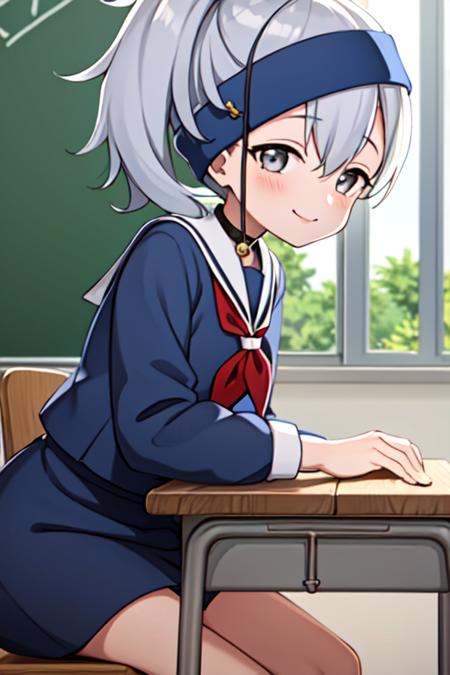 masterpiece, best quality, <lora:kunoichi_kikyou:0.7> 1girl, solo, grey eyes, grey hair, ponytail, white serafuku, sailor collar, red neckerchief, indoors, classroom, blue headband, jingle bell, smile,