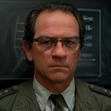 Closeup photograph of  tlj1,  scowling,  wearing military uniform, glasses, sitting in front of chalkboard with sinister lighting, RAW photo, 8k uhd, dslr, soft lighting, high quality, film grain, highly detailed face, ultra detailed, masterpiece quality, Fujifilm XT3, Kodak 
 <lora:TommyLeeJones:1>