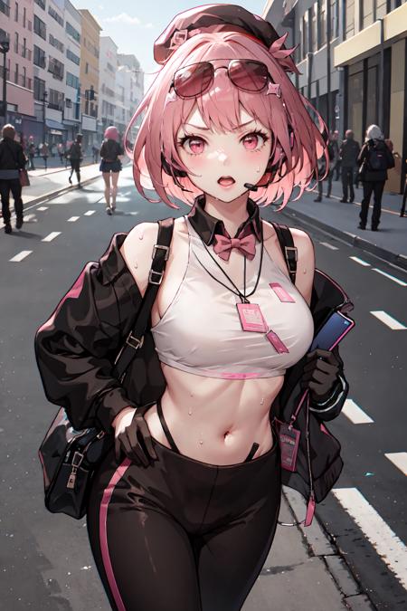 Masterpiece, best quality, perfect lighting, 1girl, solo, willow, pink hair, short hair, glasses on head, black beret, (pink crop top:1.2), (black sweatpants:1.2), black gloves, badge, microphone, headset, street scene, looking at viewer, running, sweat, <lora:WillowNC:0.6>