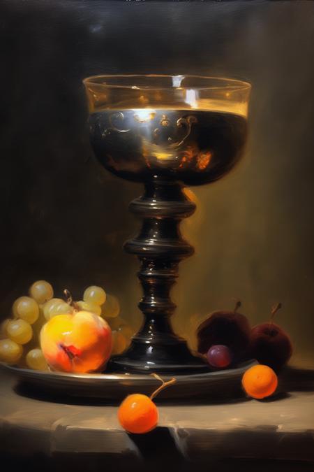 <lora:Jean-Baptiste-Simeon Chardin Style:1>Jean-Baptiste-Simeon Chardin Style - An oil painting of glass goblet with a fruit fit for a god sits atop ready to be devoured by the great pretender in a challenge to the death. Dramatic lighting wide angle view with highlight detail. Brush marks and oil painting in the style of Goya.