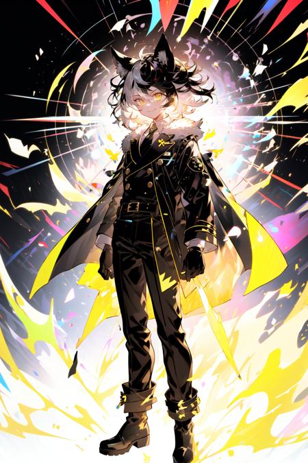 <lora:rainbow:0.8>, virtual youtuber, 1boy, male focus, white necktie, jackal ears, solo, coat, full body, black hair, multicolored hair, straight-on, animal ears, gloves, fur trim, black coat, yellow eyes, necktie, shirt, looking at viewer, stole, pants, fur-trimmed coat, white background, black shirt, black gloves, black footwear, belt, simple background, white hair, standing, black pants, hair between eyes, streaked hair, short hair, boots, arms at sides, buttons, closed mouth, smile, long sleeves, two-tone hair, black belt, jacket, bangs, double-breasted