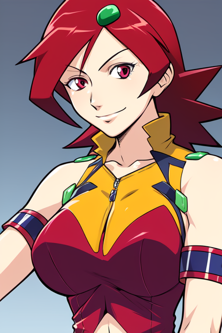 Naomi Fluegel, red hair, spiky hair, red eyes, yellow gloves, red thighighs, red shorts, thighs, green hair ornament, arm bands, exposed shoulders, large breasts, red high heeled boots, smirk, half-lidded eyes