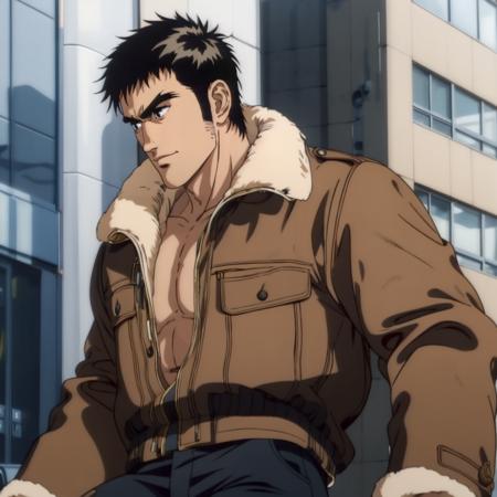 SakataIsamu,1man, short hair,black hair,thick eyebrows,black eyes,retro artstyle,1980s (style), brown jacket,jacket with fur,open jacket, fingerless gloves, black pants, SakataIsamu,1man,retro artstyle,1980s (style), cyberpunk,science fiction, helmet, power armor,shoulder armor, pants, mask, mechanical arms,cyborg,