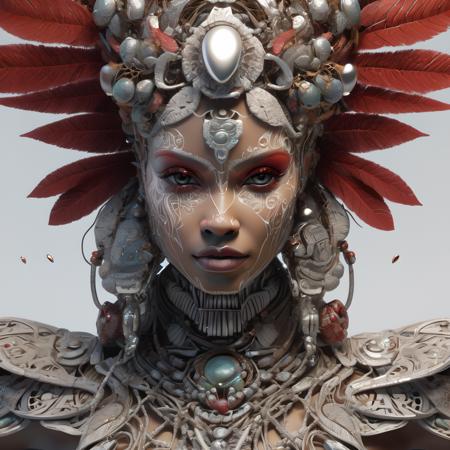 (masterpiece,best quality, ultra realistic,32k,RAW photo,detailed skin, 8k uhd, high quality:1.2), Minecraft style intricate hyper detailed ultra sharp 3 d rendering of a beautiful afro porcelain aztec warrior medium portrait shot, 1 5 0 mm, global illumination, radiant light, ultrabright, depth of field, biomechanical ivy cyborg, cyberpunk, fractal, art nouveau, black eyes, large monochromatic earthy red leaves and stems, roots, fine ivory lace, white large pore fungi, feathers, alexander mcqueen haute couture, face tattoos, intricate details, mesh wire, anatomical, flesh ornate, facial muscles, cable wires, elegant, hyper realistic, ultra detailed, octane render, h. r. giger style, volumetric cinematic lighting, 8 k post - production . blocky, pixelated, vibrant colors, recognizable characters and objects, game assets